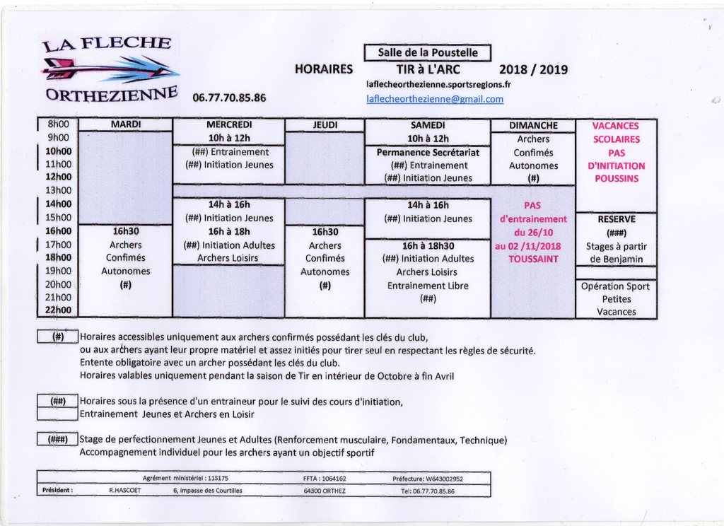  Horaires du club